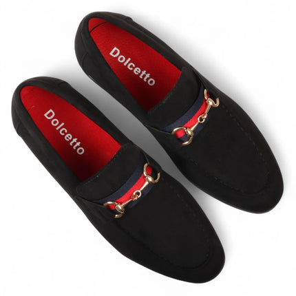 Men's Black Suede Loafers with Gold Buckle Slip-On Dress Shoes