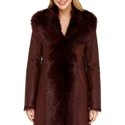 Womens Burgundy Red Toscana Sheepskin Leather Hooded Trench Coat - Coast