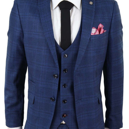 Mens 3 Piece Blue Birdseye Check Classic Suit