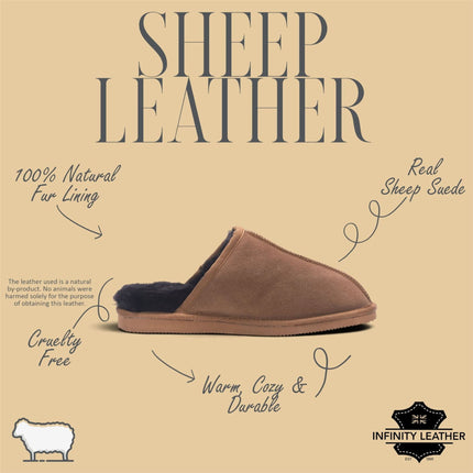 Men's Genuine Sheepskin Tobacco Brown Suede Mule Winter Warm Non-Slip - Highland