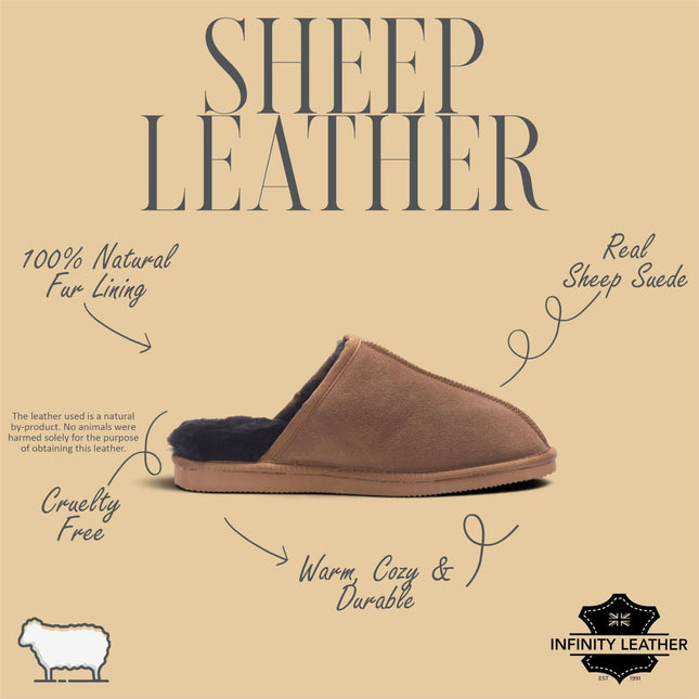 Men's Genuine Sheepskin Tobacco Brown Suede Mule Winter Warm Non-Slip - Highland