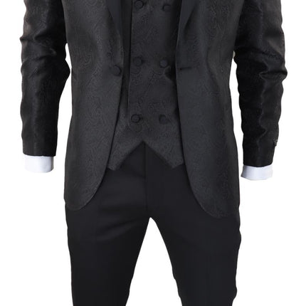 Mens Black Tuxedo Blazer Waistcoat Brocade Satin Paisley Formal Dinner Jacket