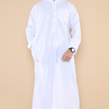 Mens White Thobe Jubba Saudi Islamic Arabic Eid Cotton Kaftan Jubbah Umrah Robe