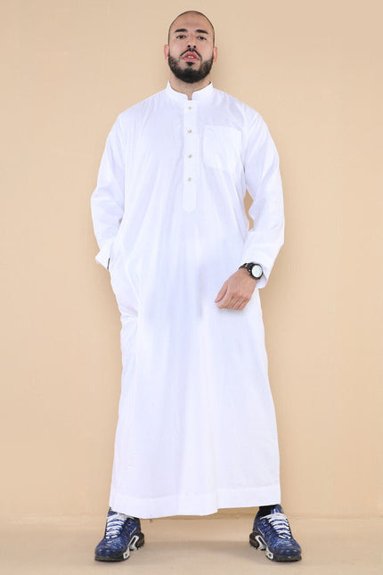 Mens White Thobe Jubba Saudi Islamic Arabic Eid Cotton Kaftan Jubbah Umrah Robe