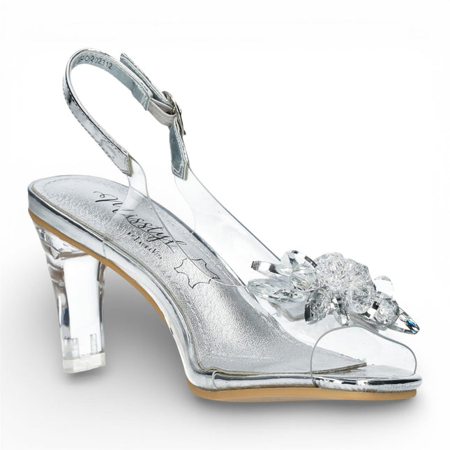Laura Vita Women’s Mira 01 Clear Silver Slip-On Cinderella Heel Sandals