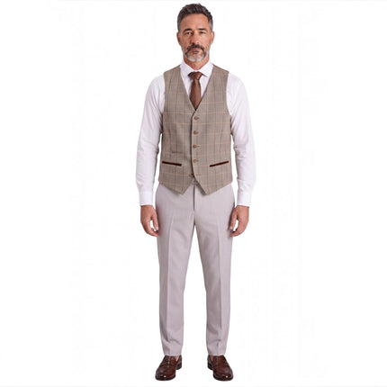 Mens Stone Suit with Harris Brown Tweed Waistcoat Wedding Suit - Mayfair