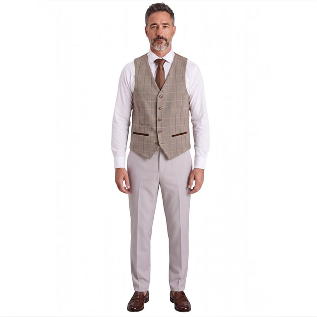 Mens Stone Suit with Harris Brown Tweed Waistcoat Wedding Suit - Mayfair