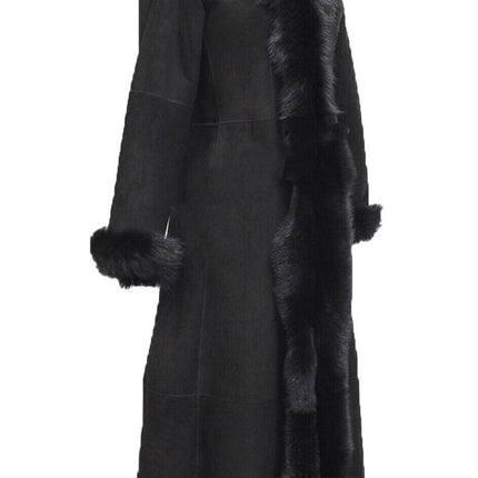 Womens Black Suede Toscana Sheepskin Hooded Trench Coat-Rushden
