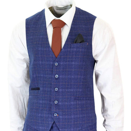 Mens 3 Piece Blue Tweed Check Vintage Classic Suit