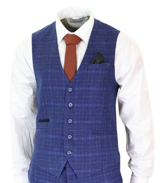 Mens 3 Piece Blue Tweed Check Vintage Classic Suit