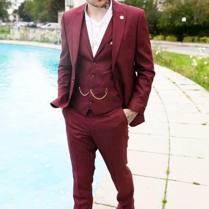 New Mens 3 Piece Suit Plain wine Classic Tailored Fit Smart Casual 1920s Formal