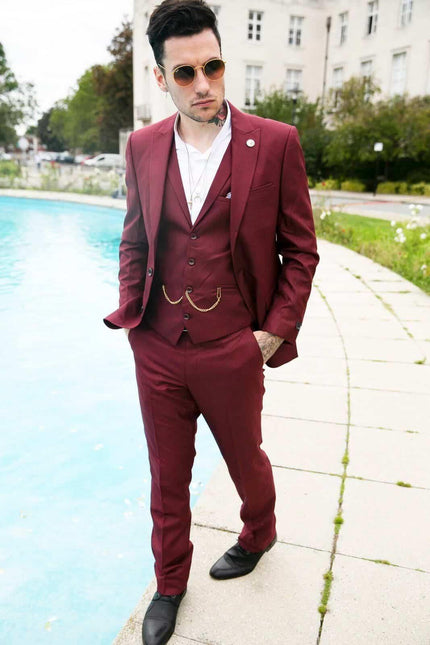 New Mens 3 Piece Suit Plain wine Classic Tailored Fit Smart Casual 1920s Formal
