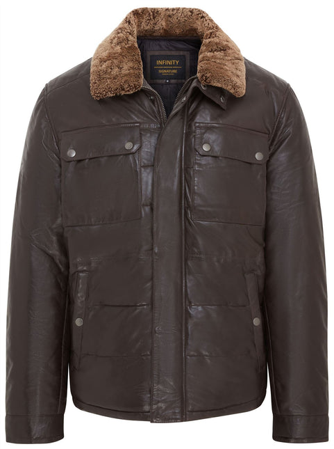 Men's Lamb Leather Puffer Bomber Warm Biker Jacket