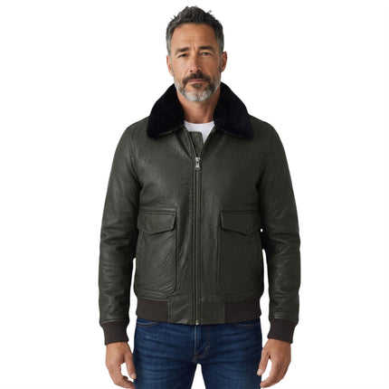 Mens Dark Green Leather Aviator Bomber Jacket - Lunar