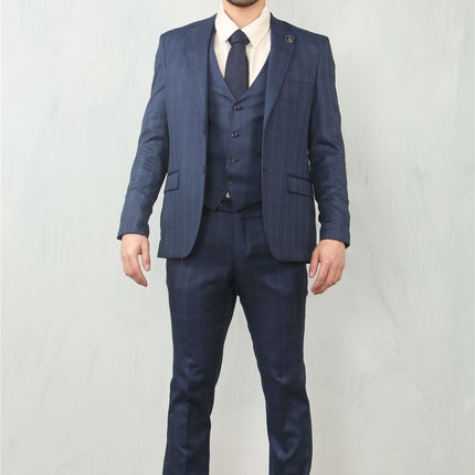 Men's 3 Piece Prince Of Wales Blue Suit Workwear