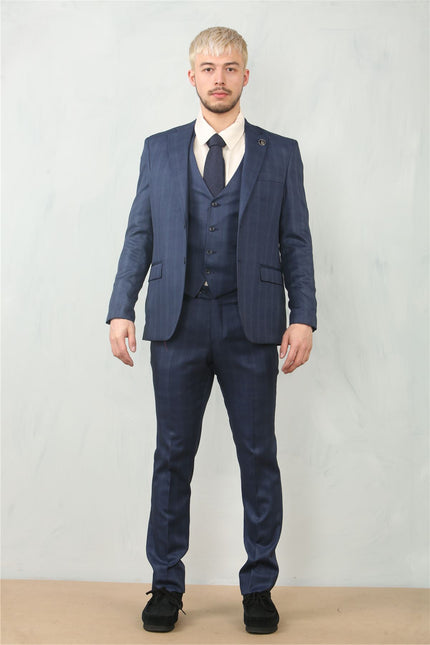 Men's 3 Piece Prince Of Wales Blue Suit Workwear