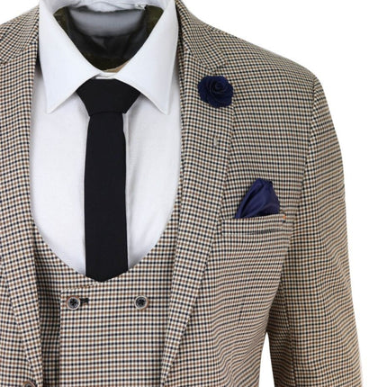 Mens 3 Piece Beige Check Retro Vintage Classic Suit