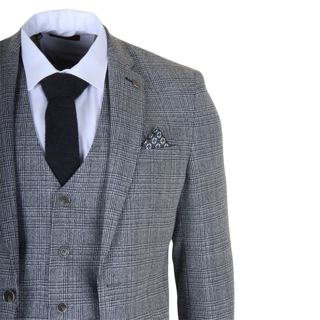 Men's 3-Piece Grey Classic Check Suit Slim Fit Plain Formal Party Suit