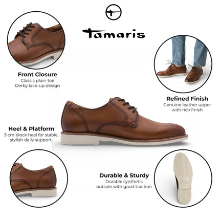 Tamaris Men's Cognac Brown Leather Plain Toe Smart Derby Shoes