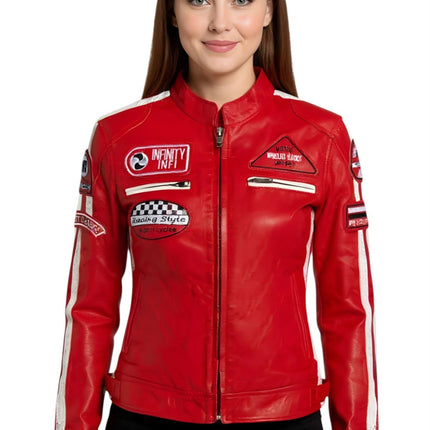 Womens Biker Racing Badges Leather Jacket-Eastleigh