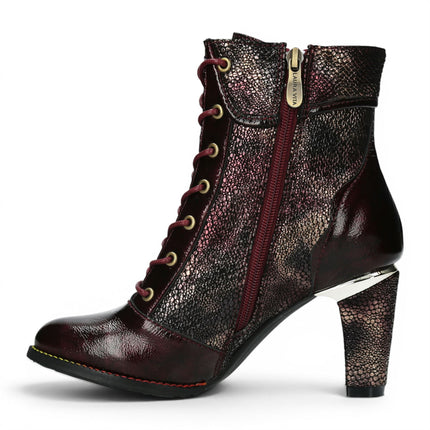 Laura Vita Women’s Wine Leather Floral Heeled Lace-Up Boots - Alcbaneo 173