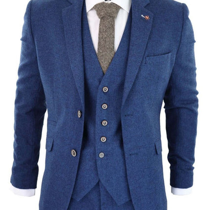 Mens 3 Piece Blue Tweed Wool Twill Vintage Classic Suit