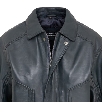 Womens Navy Leather Biker Bomber Oversized Jacket - Blouson
