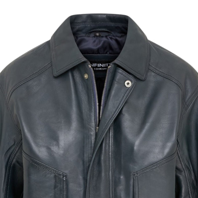Womens Navy Leather Biker Bomber Oversized Jacket - Blouson