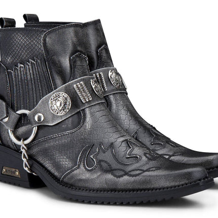 Mens Grey Snakeskin Winklepicker Cowboy Leather Ankle Boots