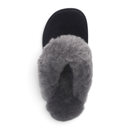 Women's Genuine Sheepskin Black Suede Mule Winter Slippers - Luna