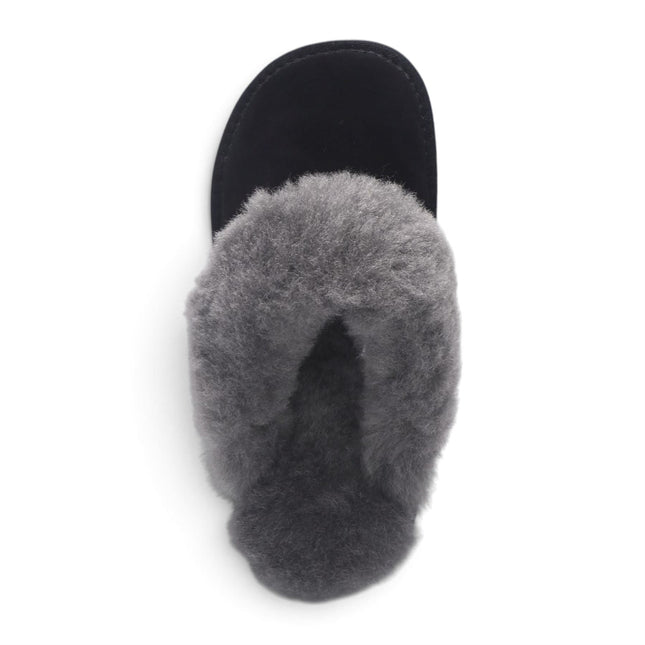 Women's Genuine Sheepskin Black Suede Mule Winter Slippers - Luna