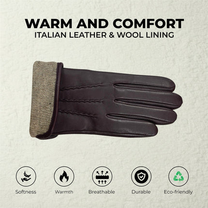 Womens Purple Italian Leather Winter Stitch Line Design Soft Wool Lining Gloves - L-GLV-301