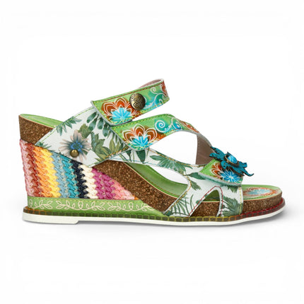 Laura Vita Women's Balade 32 Vert Green Floral Leather Wedge Espadrille Sandals