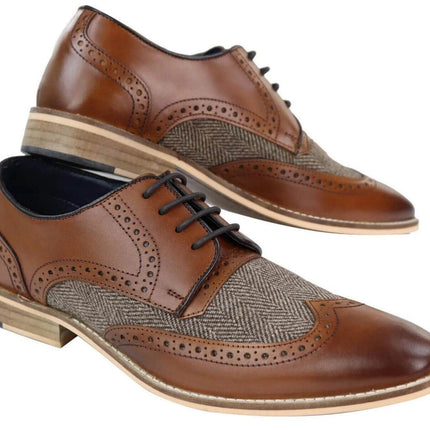 Mens Classic Oxford Tweed Brogue Derby Shoes In Tan Leather