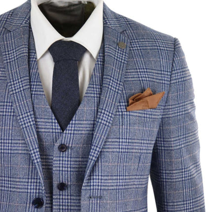Mens 3 Piece Blue Grey Tweed Check Vintage Retro Suit