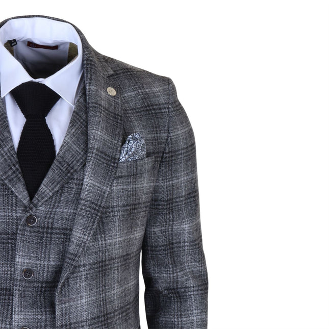 Men's Formal Grey Tweed  3 Piece Check Vintage Gatsby Style Suit