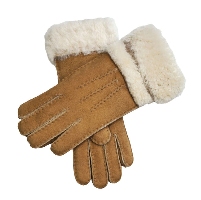 Infinity Leather Womens Tan Sheepskin Suede Gloves with Roll Up/Down Cuff