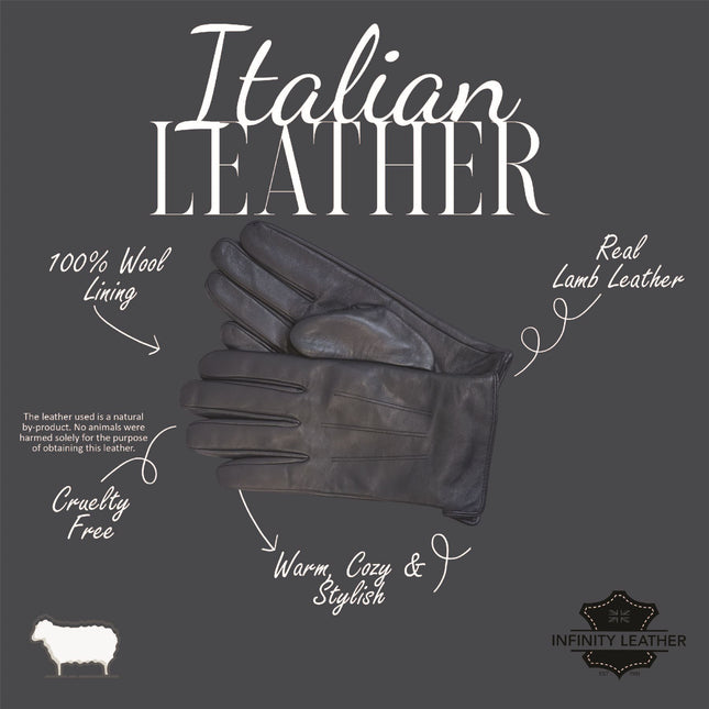 Men’s Navy Blue Italian Leather Warm Wool Lining Winter Gloves - M-LGV-305