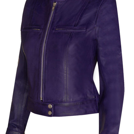 Womens Plain Leather Moto Biker Jacket-Braga