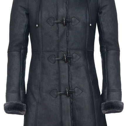 Womens Black Sheepskin Hooded Duffle Coat-Ottawa