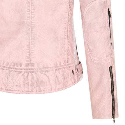 Womens Biker Racing Badges Pink Leather Jacket-Eastleigh