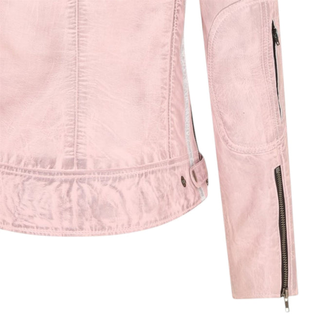 Womens Biker Racing Badges Pink Leather Jacket-Eastleigh
