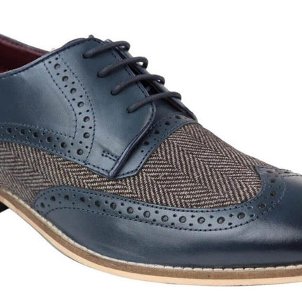 Mens Classic Oxford Navy Brogue Derby Shoes In Tan Leather