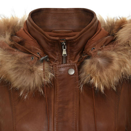 Womens Warm Leather Hooded Parka Jacket-Northwich