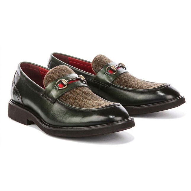 Justin Reess Men's Green Leather Herringbone Tweed Loafer Shoes - Tristian