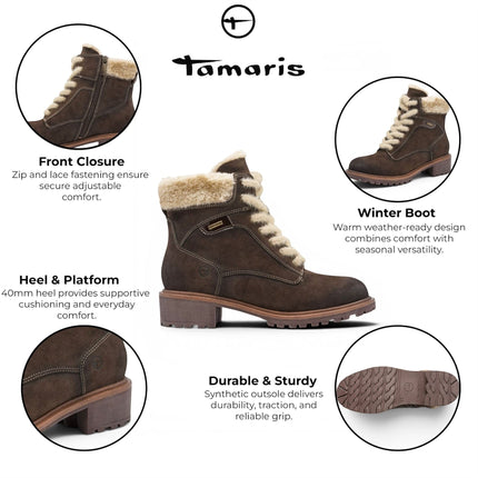 Tamaris Women’s Brown Warm Lace-Up Winter Outdoor Ankle Boots - 26266-43