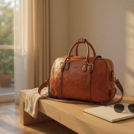 Genuine Leather Tan Wheeled Holdall Duffle Travel Cabin Bag - Holt