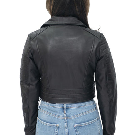 Womens Cropped Brando Leather Biker Jacket-Damascus