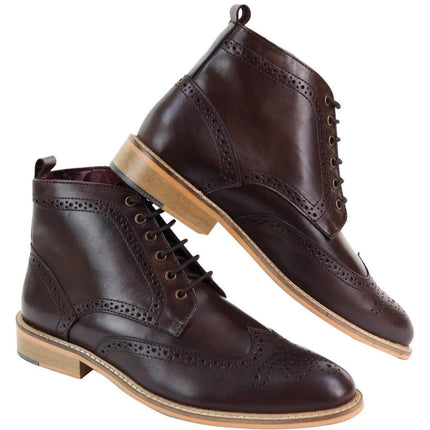Mens Classic Oxford Brogue Ankle Boots In Brown Leather