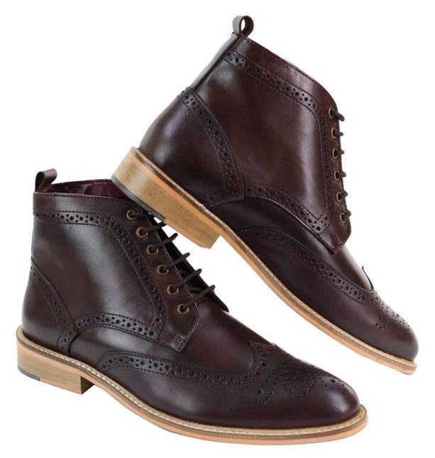 Mens Classic Oxford Brogue Ankle Boots In Brown Leather